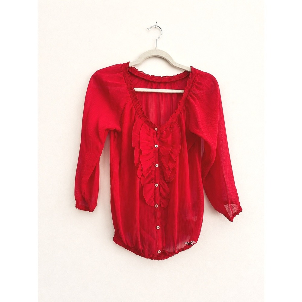 Hollister Red Sheer Chiffon Ruffle Peasant Blouse Size S